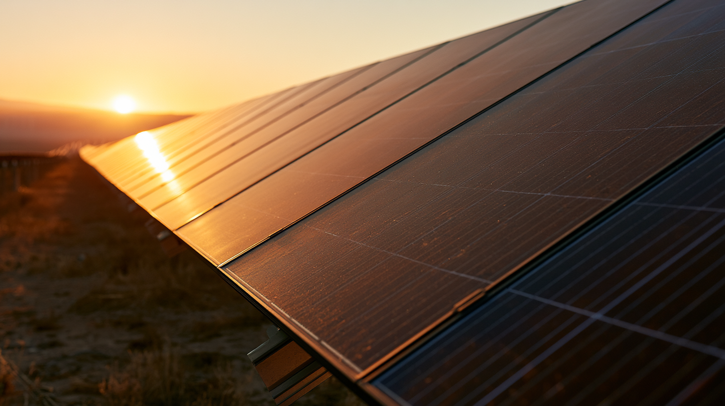 Panel solar al atardecer, con el sol reflejado sobre las celdas